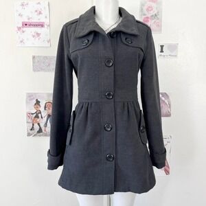 Byer California Y2K Pleated Pea Coat Charcoal Gray Wool Blend S Aesthetic